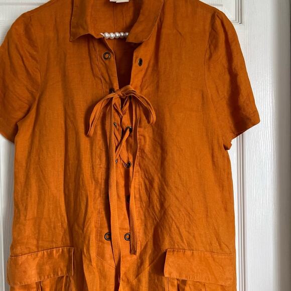 Anthropologie Maeve Lace Up Linen Dress in Mango Size 6 - Picture 5 of 9